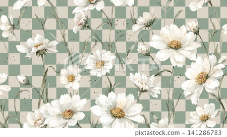 Daisy Gingham Seamless Pattern Theme Sage Green Oatmeal 141286783