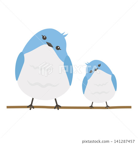 Two blue birds perched side by side on a tree branch. Two blue birds perched side by side on a tree branch. 141287457
