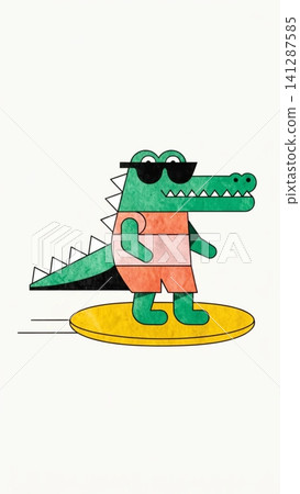 Cute cartoon crocodile standing with a yellow surfboard Cute cartoon crocodile standing with a yellow surfboard 141287585