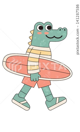 Cute cartoon crocodile standing with a yellow surfboard 141287586
