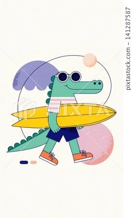 Cute cartoon crocodile standing with a yellow surfboard Cute cartoon crocodile standing with a yellow surfboard 141287587