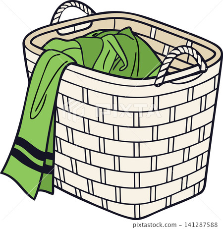 A woven wicker basket overflowing with neatly folded clothes isolated on transparent background A woven wicker basket overflowing with neatly folded clothes isolated on transparent background 141287588
