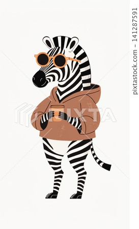 A fashionable anthropomorphic zebra wearing an oversized cinnamon-brown hoodie A fashionable anthropomorphic zebra wearing an oversized cinnamon-brown hoodie 141287591