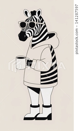 A fashionable anthropomorphic zebra wearing an oversized cinnamon-brown hoodie A fashionable anthropomorphic zebra wearing an oversized cinnamon-brown hoodie 141287597