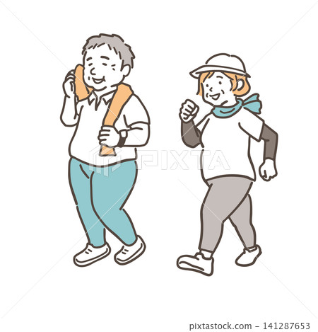 A simple illustration of a slightly overweight man and woman walking, in soft colors. A simple illustration of a slightly overweight man and woman walking, in soft colors. 141287653