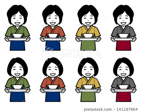 [Different hairstyle] [Different color] Icon of a woman in a samue (traditional Japanese work clothes) and apron carrying a bowl. 141287664
