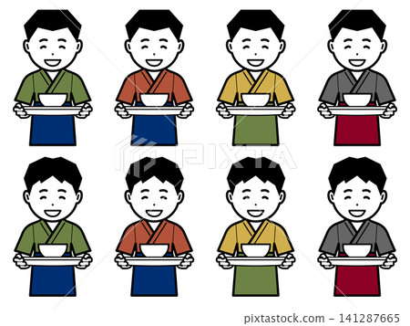 [Alternate color] Icon of a man in a samue (traditional Japanese work clothes) and apron carrying a bowl. 141287665