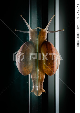a small snail walks slowly past the mirror floor with a reflection shadow in the dark background a small snail walks slowly past the mirror floor with a reflection shadow in the dark background 141287763