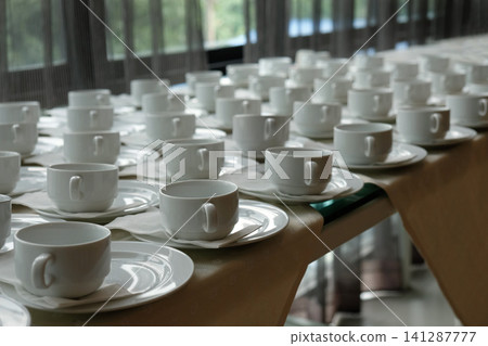 many coffee cup set up for tea break in business meeting conference refreshing up afternoon many coffee cup set up for tea break in business meeting conference refreshing up afternoon 141287777