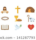 Christian religion flat icon set featuring Jesus Christ, cross, empty tomb, crown of thorns, communion, shepherd staff, Bible, dove of peace and faith symbols 141287793