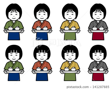[不同顏色] 身穿三衣（日本傳統工作服）和圍裙，手捧湯碗的女性圖示。 141287885