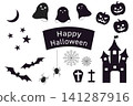Halloween icon and silhouette set (ghost, pumpkin, bat, castle, spiderweb) 141287916