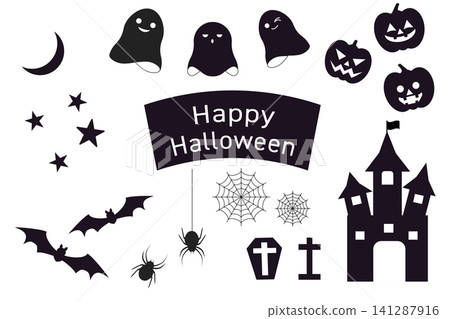 Halloween icon and silhouette set (ghost, pumpkin, bat, castle, spiderweb) Halloween icon and silhouette set (ghost, pumpkin, bat, castle, spiderweb) 141287916
