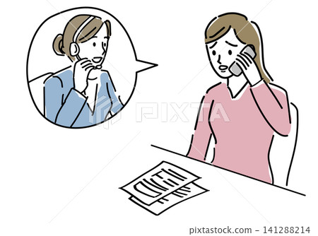 手繪線條插圖，描繪了一位女士正在諮詢接線員有關繼承和其他事宜的場景。 141288214