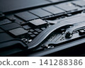 Close-up part of motherboard from laptop computer show up a CPU and other components on board 141288386