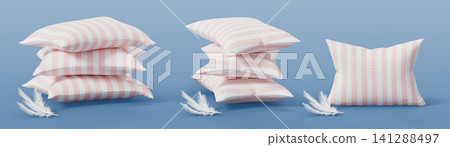 Feather pillow 3d set with pink white striped cotton pillowcase isolated on blue render background. Soft down rectangular cushion stacks for bedroom interior design, healthy sleep. 3D illustration Feather pillow 3d set with pink white striped cotton pillowcase isolated on blue render background. Soft down rectangular cushion stacks for bedroom interior design, healthy sleep. 3D illustration 141288497