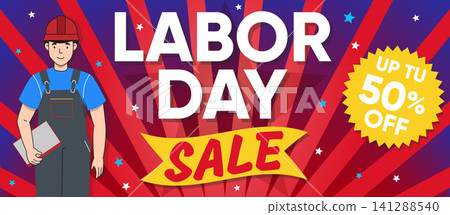 Patriotic Labor Day sale banner featuring a construction worker in a hard hat, sunburst background, and bold typography, highlighting a fifty percent discount offer, ideal for retail stores during the Patriotic Labor Day sale banner featuring a construction worker in a hard hat, sunburst background, and bold typography, highlighting a fifty percent discount offer, ideal for retail stores during the 141288540