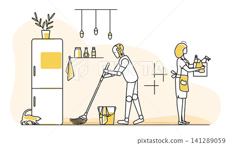Robot assisting woman in kitchen cleaning with mop and supplies, modern technology concept Robot assisting woman in kitchen cleaning with mop and supplies, modern technology concept 141289059