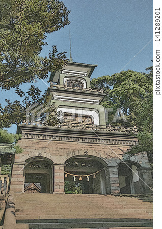 The nostalgic main gate of Oyama Shrine, viewed under a blue sky. The nostalgic main gate of Oyama Shrine, viewed under a blue sky. 141289201