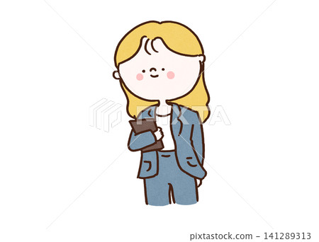 A businesswoman in a suit, holding a file in one hand. A businesswoman in a suit, holding a file in one hand. 141289313