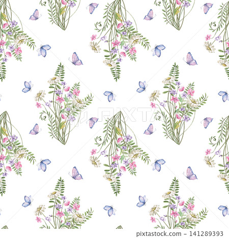 A watercolor pattern featuring bouquets of wildflowers and butterflies on a dark background. Perfect for fabric design, packaging, cards, home decor prints, and fashion blogs. A watercolor pattern featuring bouquets of wildflowers and butterflies on a dark background. Perfect for fabric design, packaging, cards, home decor prints, and fashion blogs. 141289393