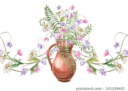 A clay jug with wildflowers in a seamless border. This isolated watercolor illustration is perfect for invitations, cards, wedding decor, nature blogs, and crafts. 141289481