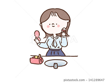 一位女士在浴室洗手台旁打開化妝包，補妝（梳妝打扮）。 141289647