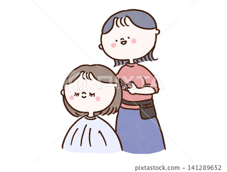 A female hairdresser (hair salon) gently cuts a customer's hair with a smile. A female hairdresser (hair salon) gently cuts a customer's hair with a smile. 141289652