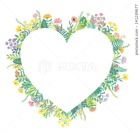 A frame with flowers and plants cut out in a heart shape. Warm colors reminiscent of spring. A frame with flowers and plants cut out in a heart shape. Warm colors reminiscent of spring. 141289677