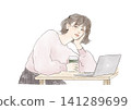 A woman working on her laptop in a cafe; working remotely. A woman working on her laptop in a cafe; working remotely. 141289699