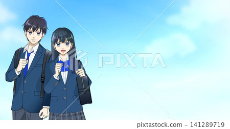 An anime-style illustration of students with bright expressions against a vast blue sky, with space on the right. An anime-style illustration of students with bright expressions against a vast blue sky, with space on the right. 141289719