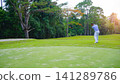 Golfers are putting golf in the evening golf course golf backglound. 141289786