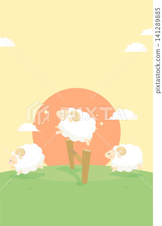 Year of the Sheep_New Year's Card Design (No Text)_Sheep Jumping Over a Fence 2_Vertical Year of the Sheep_New Year's Card Design (No Text)_Sheep Jumping Over a Fence 2_Vertical 141289885