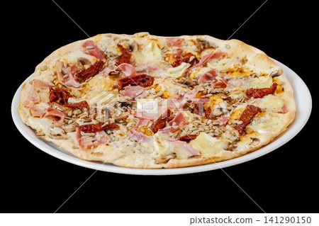 Gourmet pizza with prosciutto, sun dried tomatoes, mushroom, seeds Gourmet pizza with prosciutto, sun dried tomatoes, mushroom, seeds 141290150