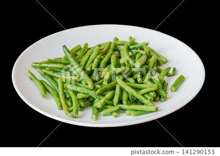 Healthy green beans serving on white plate Healthy green beans serving on white plate 141290153
