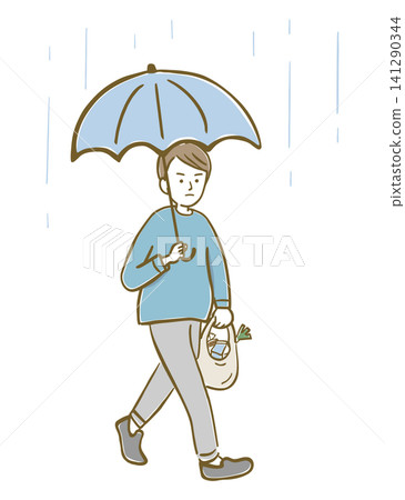 A man walking in the rain, holding an umbrella and shopping bags. A man walking in the rain, holding an umbrella and shopping bags. 141290344