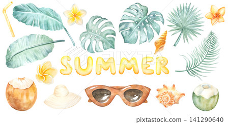 A set of watercolor summer illustrations. Sunglasses and a beach hat with shells. Tropical plants: palm, monstera, and plumeria flowers. A coconut cocktail. A vacation trip to a paradise island. A set of watercolor summer illustrations. Sunglasses and a beach hat with shells. Tropical plants: palm, monstera, and plumeria flowers. A coconut cocktail. A vacation trip to a paradise island. 141290640