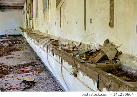 Detailed view of concrete feeder trough filled with debris in abandoned building Detailed view of concrete feeder trough filled with debris in abandoned building 141290664
