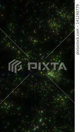 Green glowing particles scattered across a dark background, creating a cosmic starfield, magical dust, or digital data atmosphere. 141290779