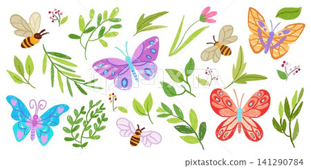 Hand drawn crayon insects set isolated on white 141290784