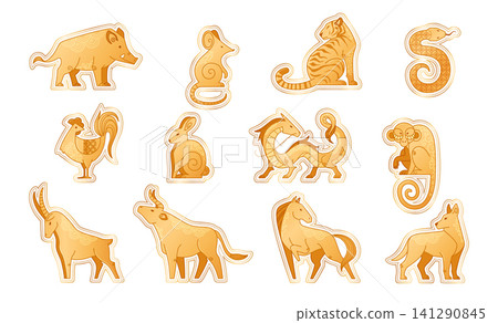 Chinese zodiac animals, abstract gold silhouettes Chinese zodiac animals, abstract gold silhouettes 141290845