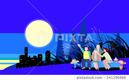 An illustration of a family enjoying moon viewing with a full moon and pampas grass at night. 141290866
