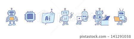 AI robot doodle set. It includes agentic ai, automation, technology, artificial intelligence, and assistance vector illustrations. AI robot doodle set. It includes agentic ai, automation, technology, artificial intelligence, and assistance vector illustrations. 141291038