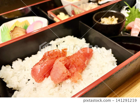 Fresh spicy mentaiko (pollock roe) served on top of rice; a specialty of Fukuoka Prefecture, Japan. Fresh spicy mentaiko (pollock roe) served on top of rice; a specialty of Fukuoka Prefecture, Japan. 141291219
