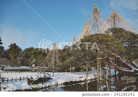 Kenrokuen Garden in winter, depicted against a clear blue sky and white snow, with layers upon layers of snow-covered trees. Kenrokuen Garden in winter, depicted against a clear blue sky and white snow, with layers upon layers of snow-covered trees. 141291241