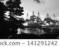 Kenrokuen Garden in winter, enveloped in monochrome, showcases the geometric beauty of snow-covered trees and serene tranquility. 141291242