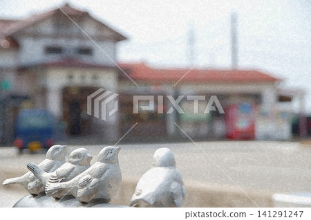 The retro station building and adorable bird sculpture at Tsurugi Station on the Hokuriku Railway Ishikawa Line 141291247