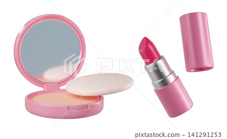 3d Cosmetic set with Pink Compact Powder, makeup sponge, and opened pink lipstick with cap. Beauty products isolated on background. Ideal for cosmetics, beauty, fashion. 3d render 3d Cosmetic set with Pink Compact Powder, makeup sponge, and opened pink lipstick with cap. Beauty products isolated on background. Ideal for cosmetics, beauty, fashion. 3d render 141291253