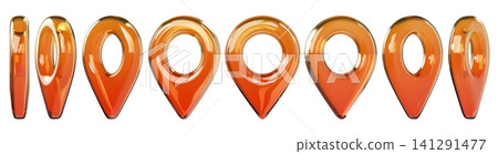 Glossy orange 3D map location pin icons in different views. Transparent glass or plastic navigation markers isolated on background for GPS, map, travel and UI design. 3d render. Glossy orange 3D map location pin icons in different views. Transparent glass or plastic navigation markers isolated on background for GPS, map, travel and UI design. 3d render. 141291477