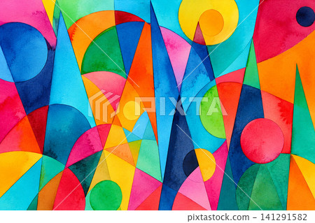 Abstract Colorful Geometric Watercolor Background with Vibrant Shapes 141291582